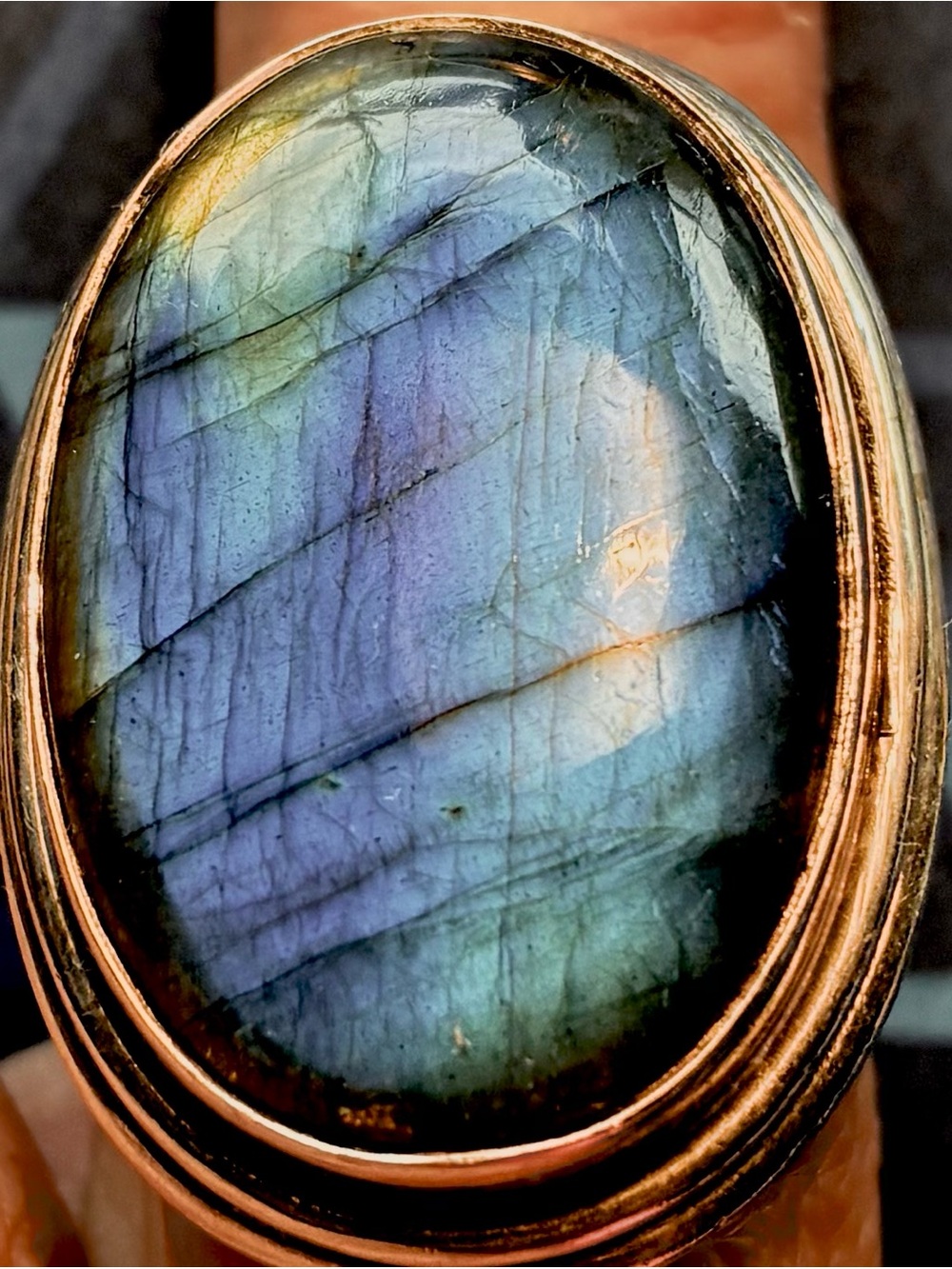 Antique Labradorite Sterling Silver Oval Statement Ring Size 10